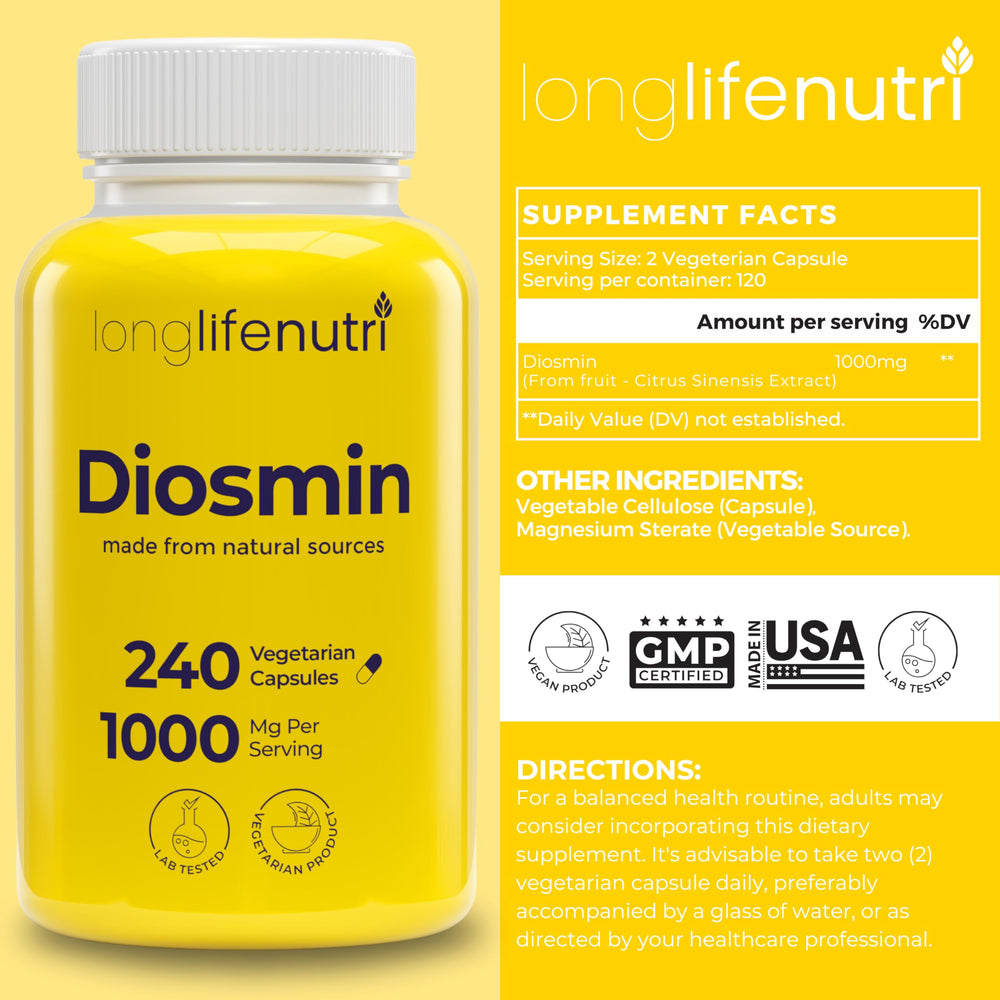 LongLifeNutri Diosmin 240 capsules pack supports long-term daily use