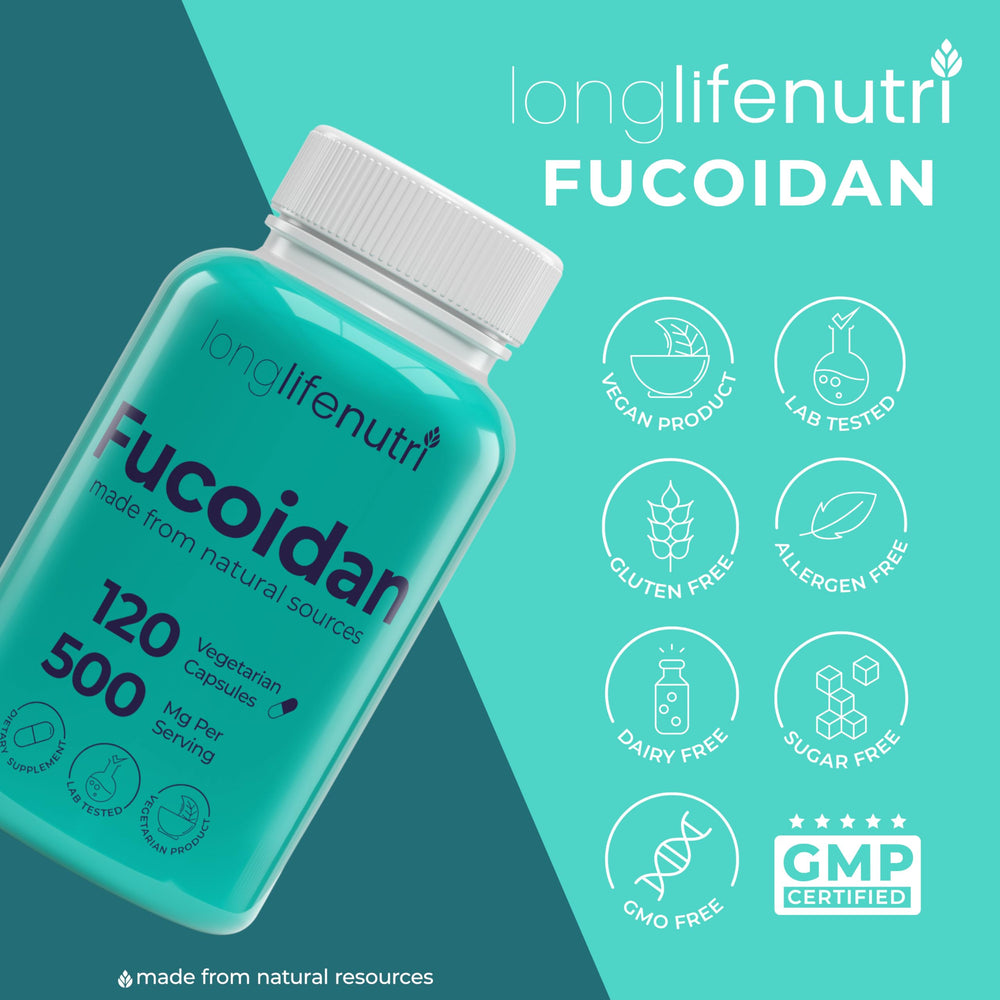 LongLifeNutri Fucoidan back-label information highlights serving size and warnings