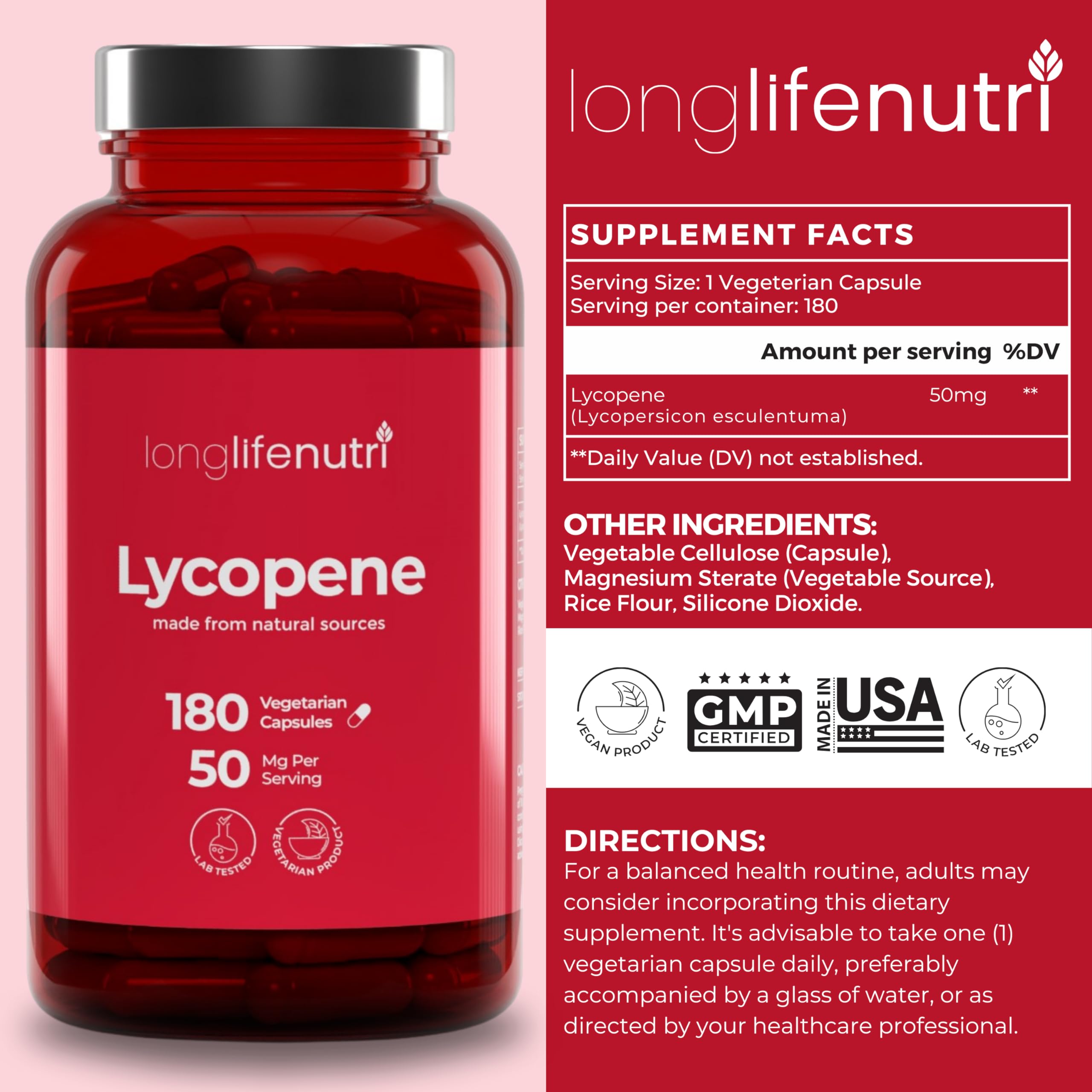 LongLifeNutri Lycopene 50mg capsules closeup in vegetarian form