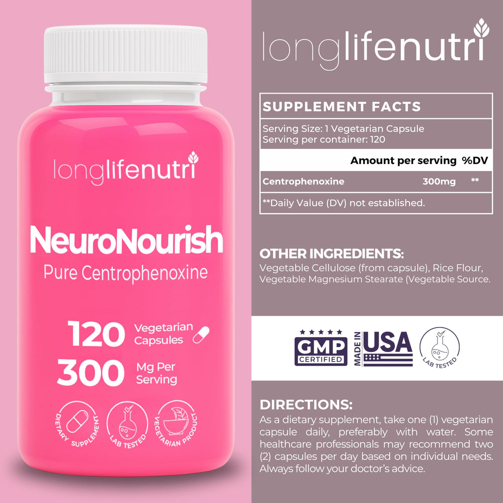 LongLifeNutri NeuroNourish capsules closeup showing easy daily use.