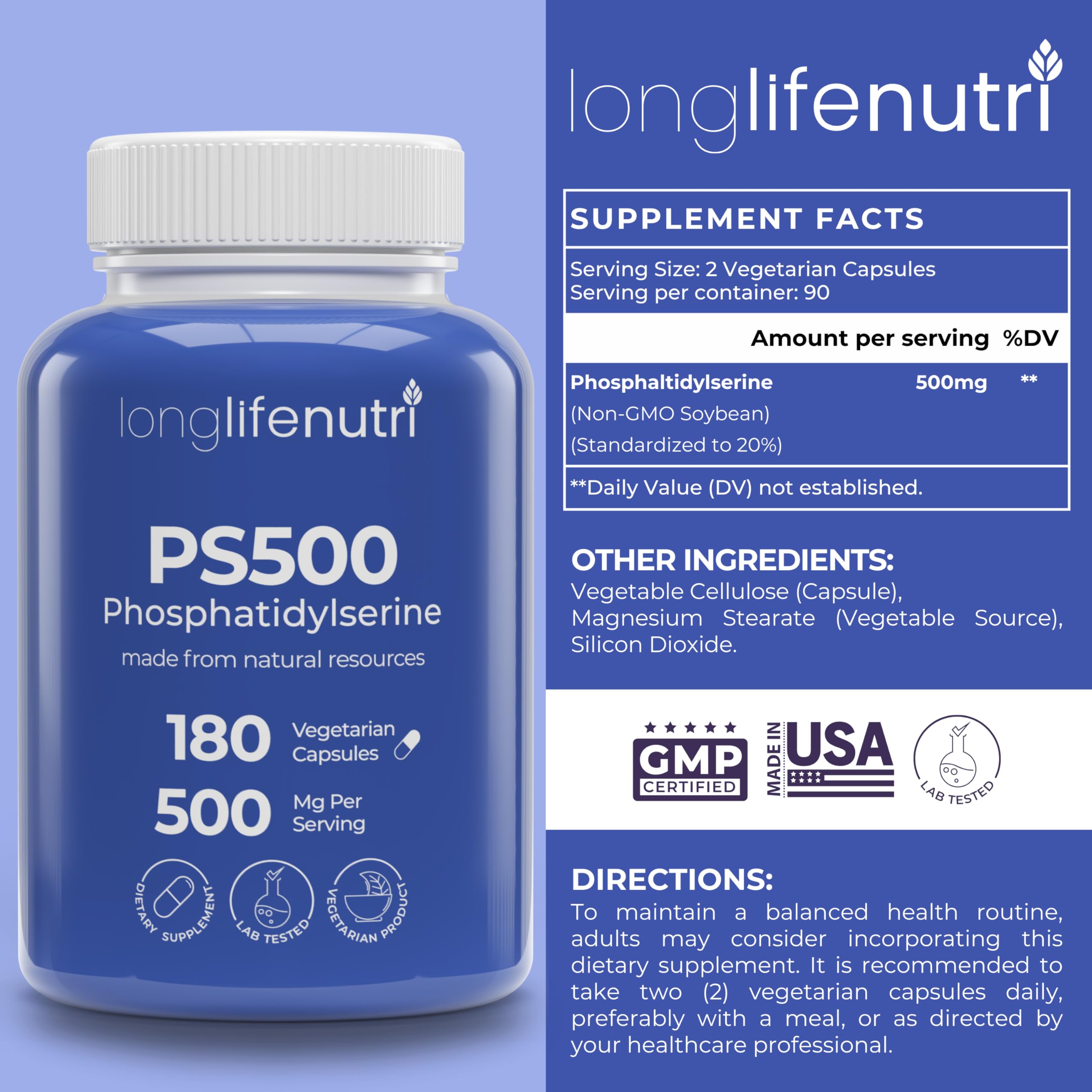 LongLifeNutri PS Pure 500mg capsules close-up for daily focus.