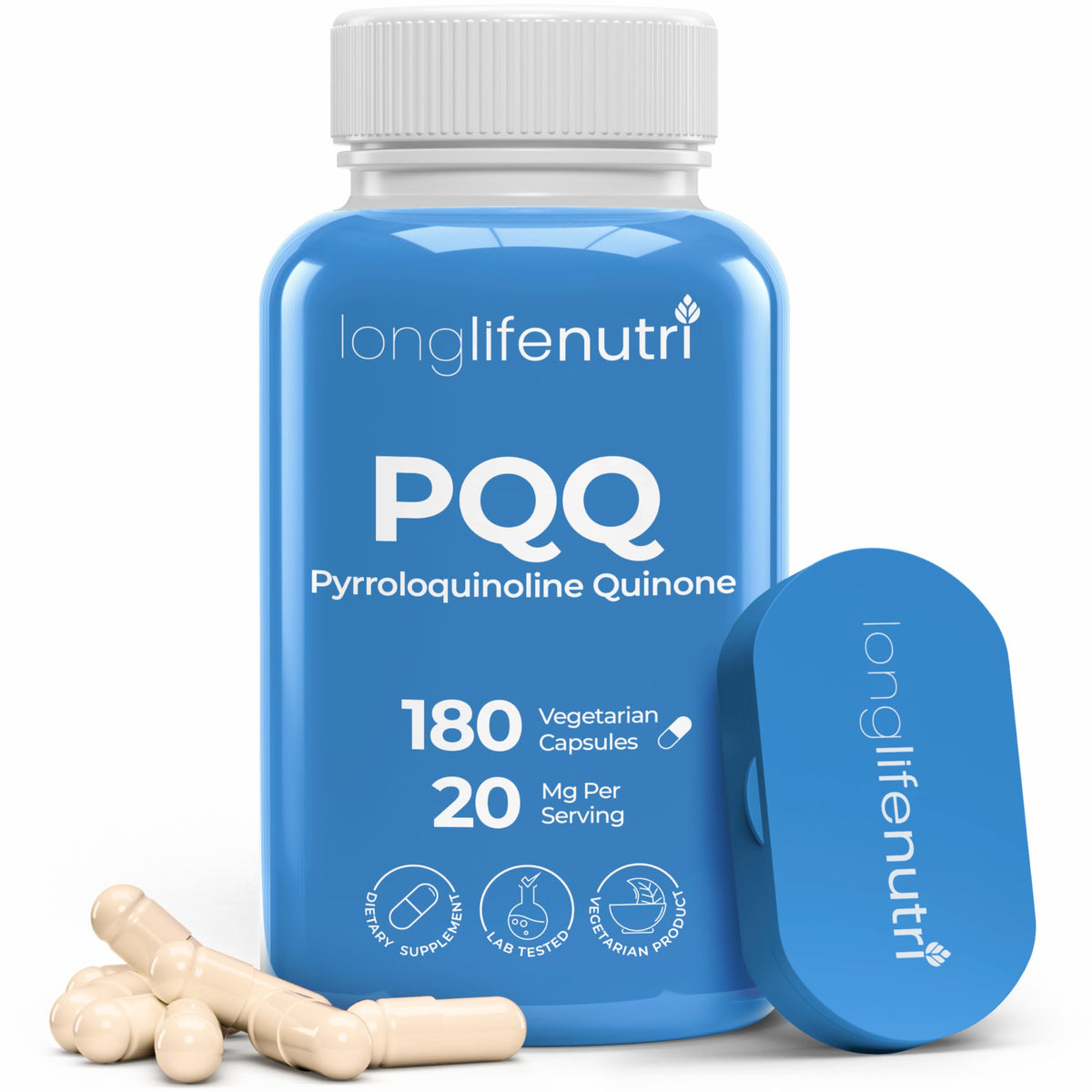 LongLifeNutri PQQ 20mg bottle front for daily energy support.