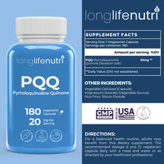LongLifeNutri PQQ 20mg bottle label close-up highlighting ingredients.