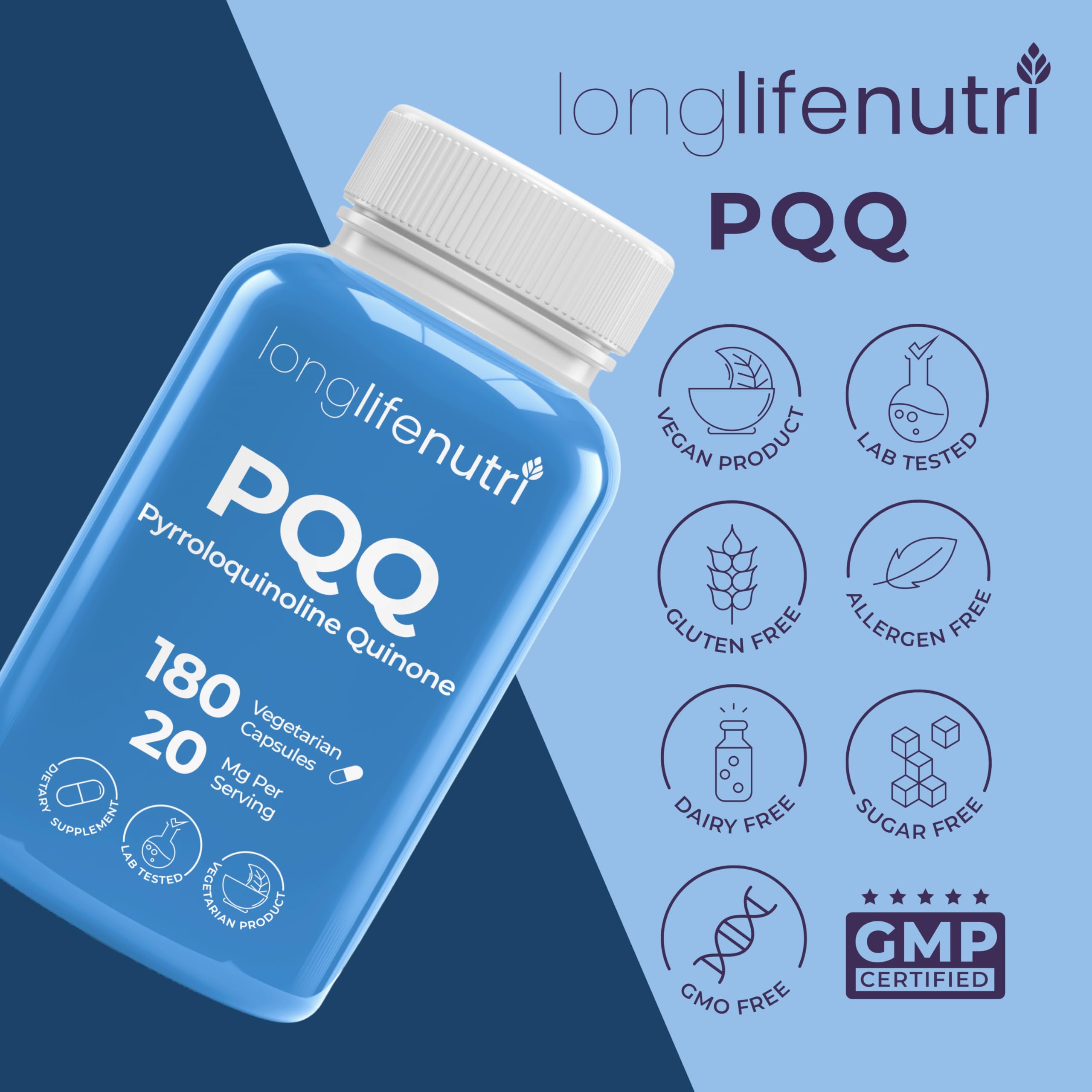 LongLifeNutri PQQ 20mg capsules beside daily-use reminder.