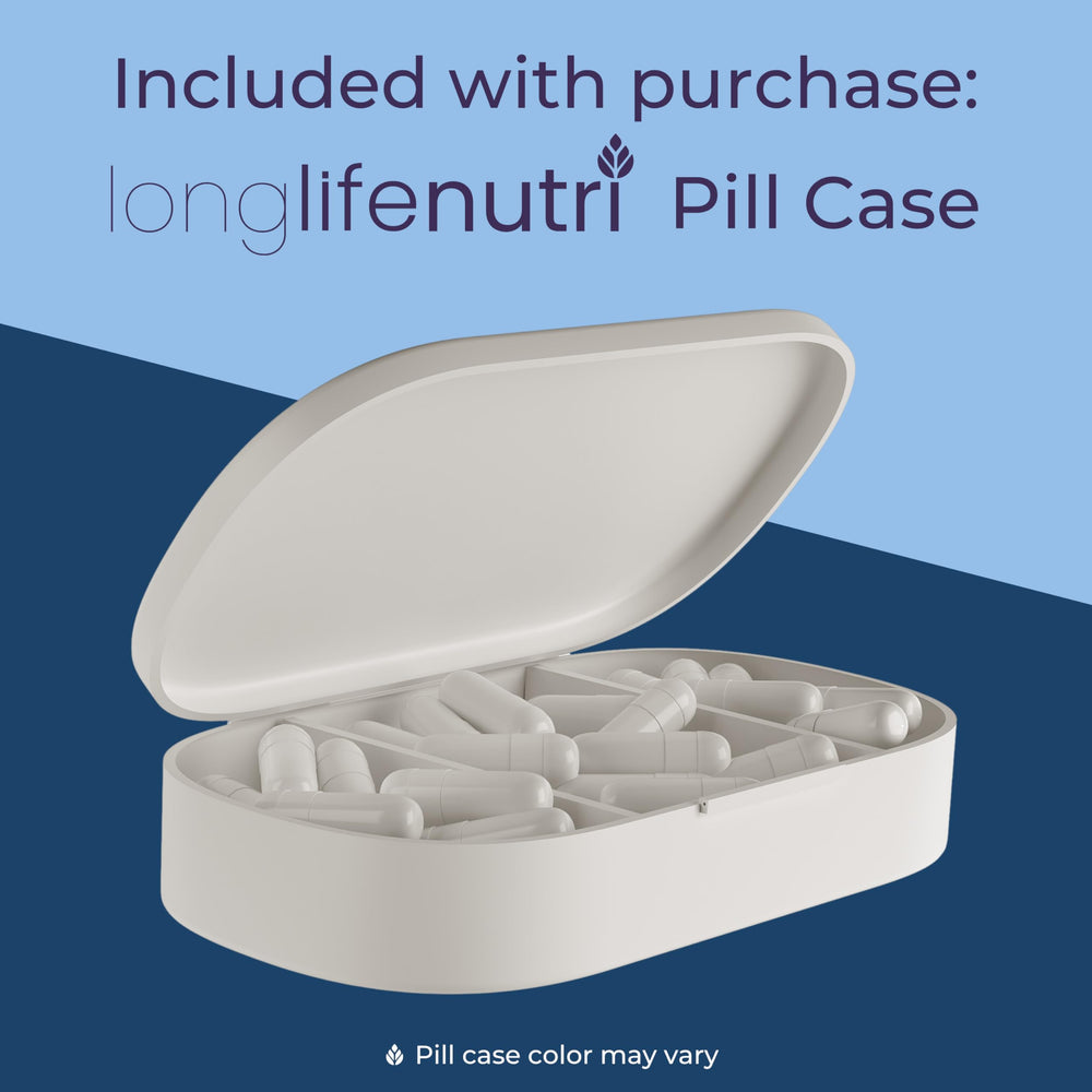 LongLifeNutri PQQ 20mg premium pill organizer included with purchase.