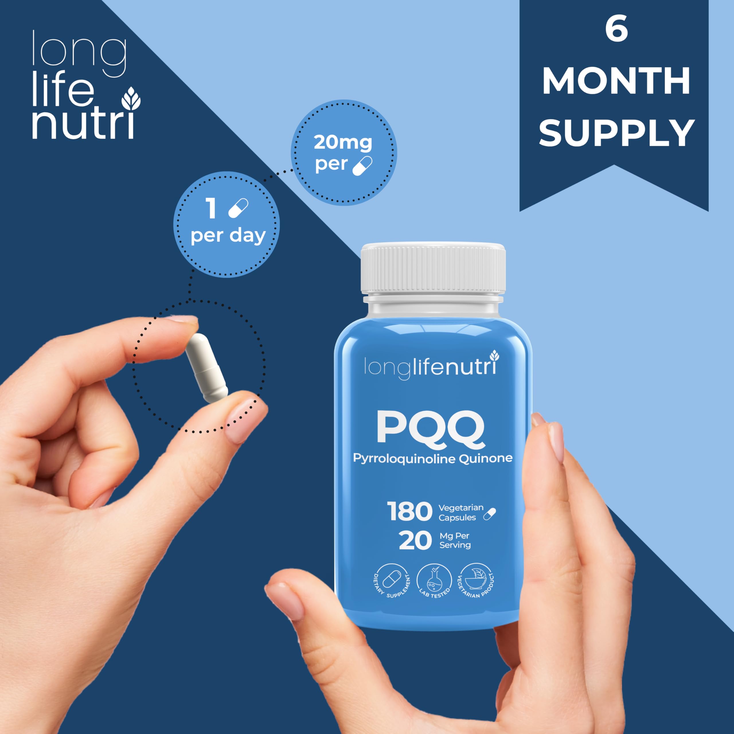 LongLifeNutri PQQ 20mg six-month supply bottle on a desk.