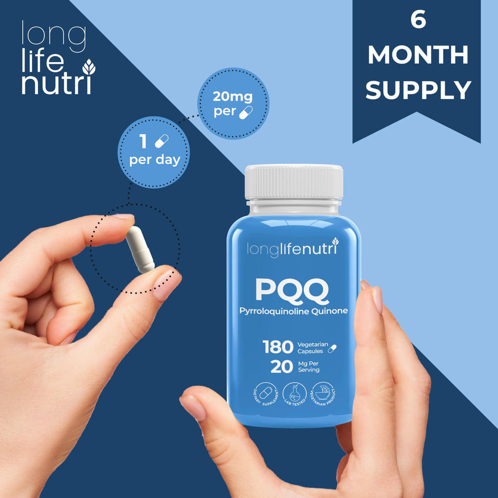 LongLifeNutri PQQ 20mg six-month supply bottle on a desk.