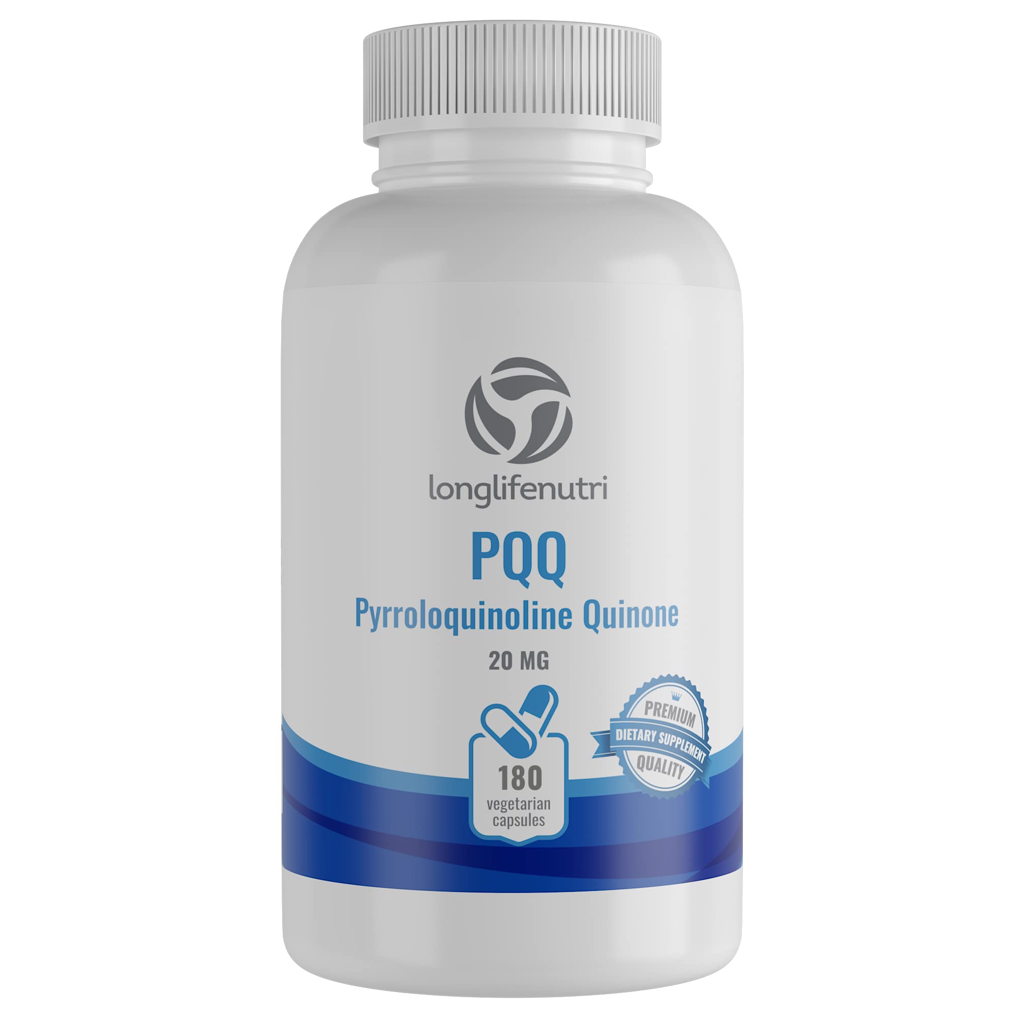 LongLifeNutri PQQ 20mg bottle on a shelf signaling quality and trust.