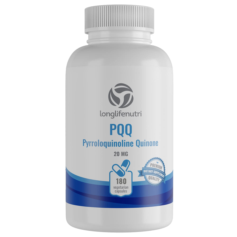 LongLifeNutri PQQ 20mg bottle on a shelf signaling quality and trust.