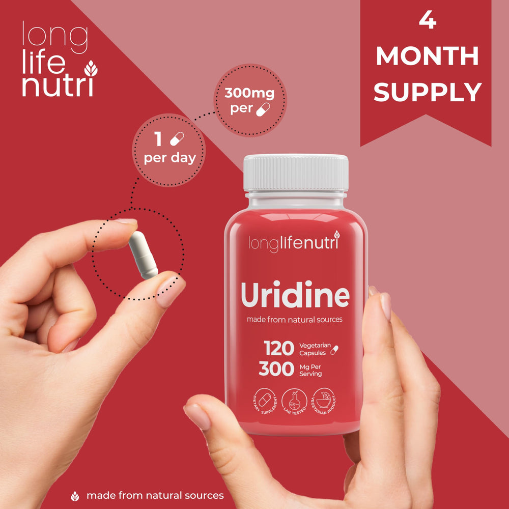 Made in USA LongLifeNutri Uridine Monophosphate bottle showcasing origin.