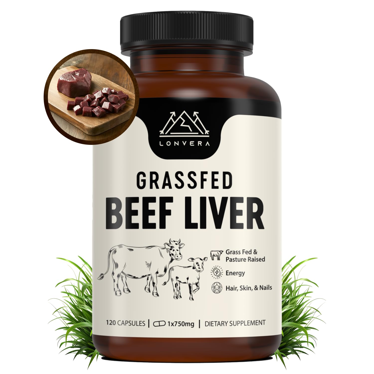 Lonvera grass-fed beef liver capsules, 120-count bottle for daily wellness.