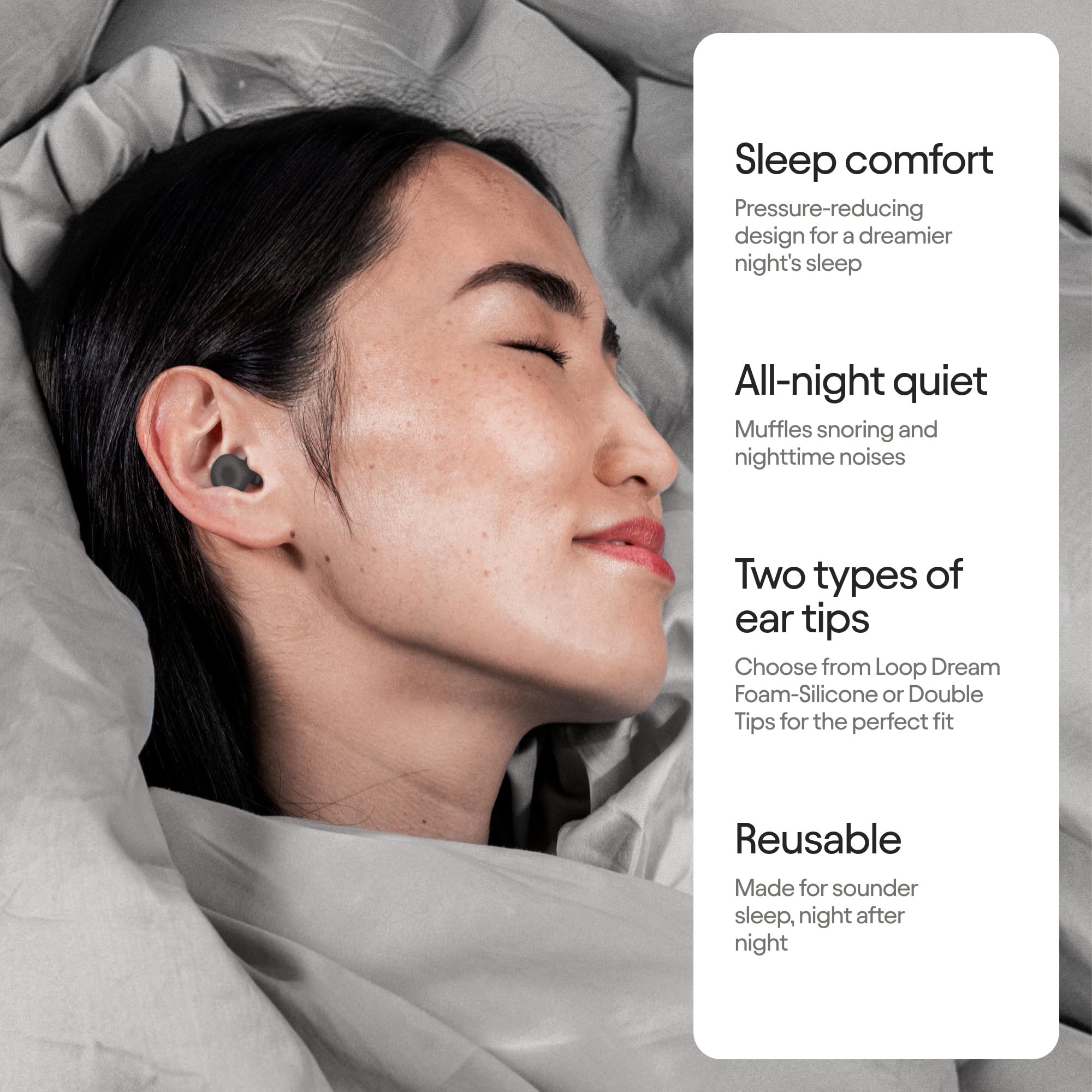 Loop Dream earplugs in use during side sleep for comfort.
