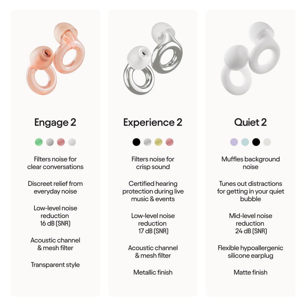 Loop Engage 2 earplugs beside a compact carrying case for portability.