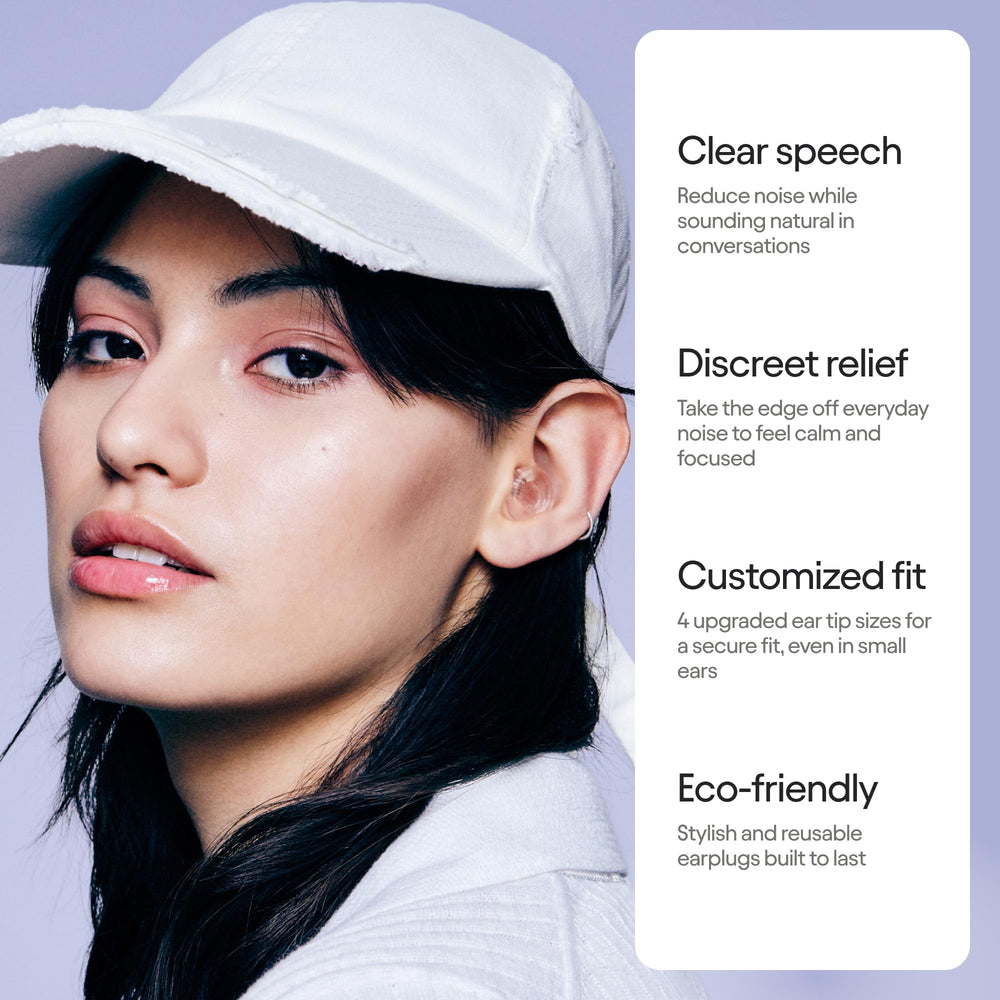 Loop Engage 2 earplugs with XS–L tips showing customizable comfort for smaller ears.