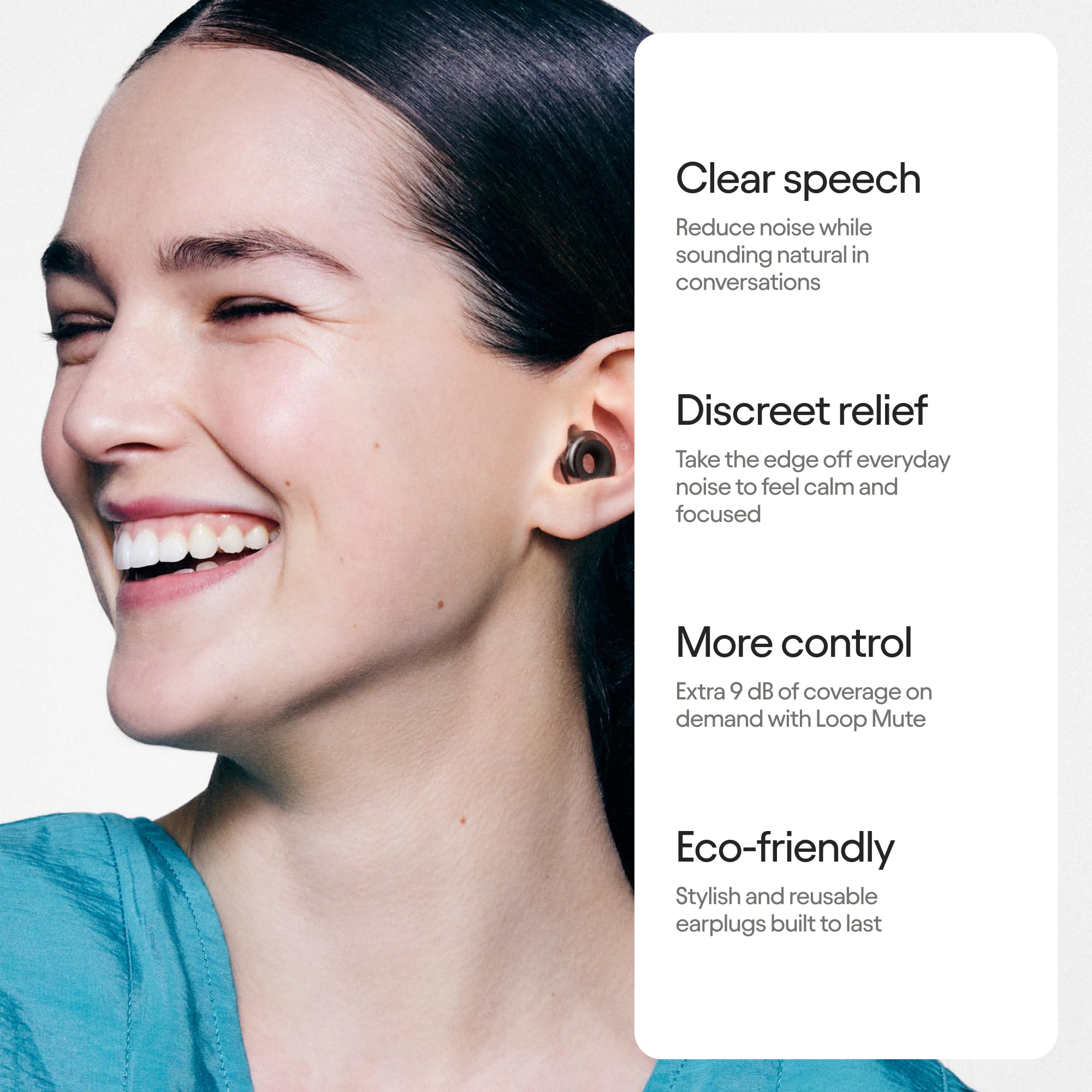 Close-up of Loop Engage 2 Plus earplugs in use during a conversation