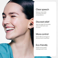 Close-up of Loop Engage 2 Plus earplugs in use during a conversation