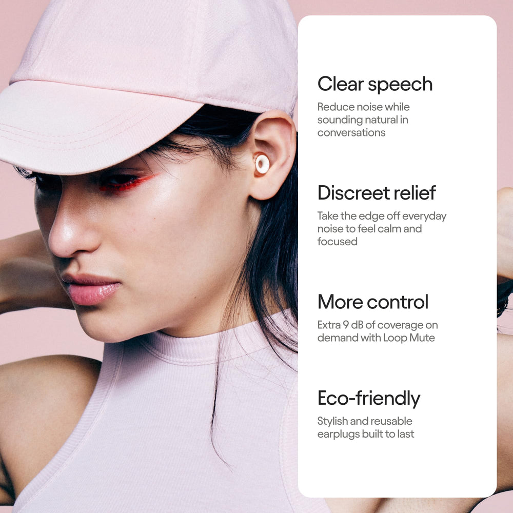 Loop Engage 2 Plus rose earplugs in-pack with branding, ready for everyday noise control.