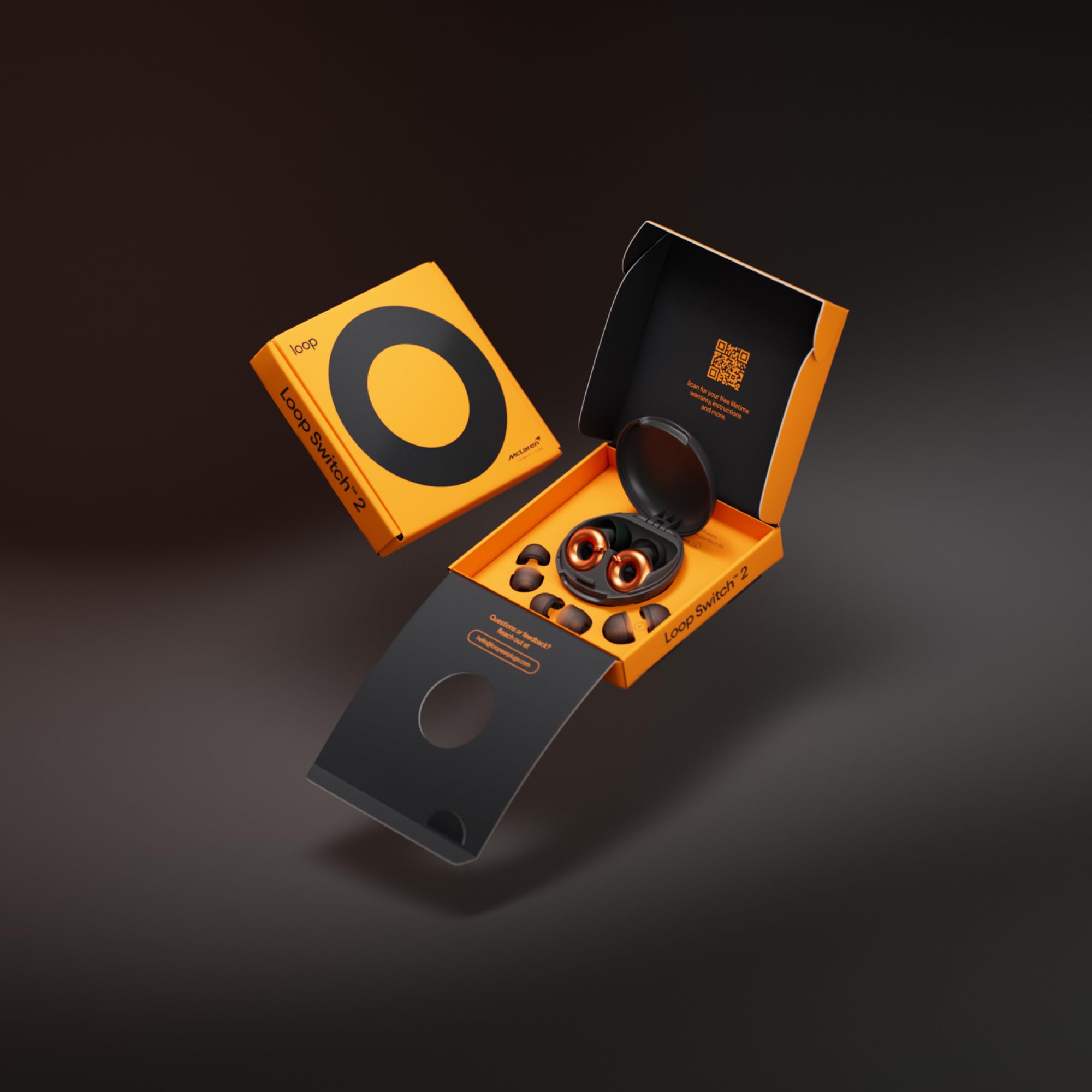 Loop Switch 2 ear tips set with XS–L for secure, comfortable fit.