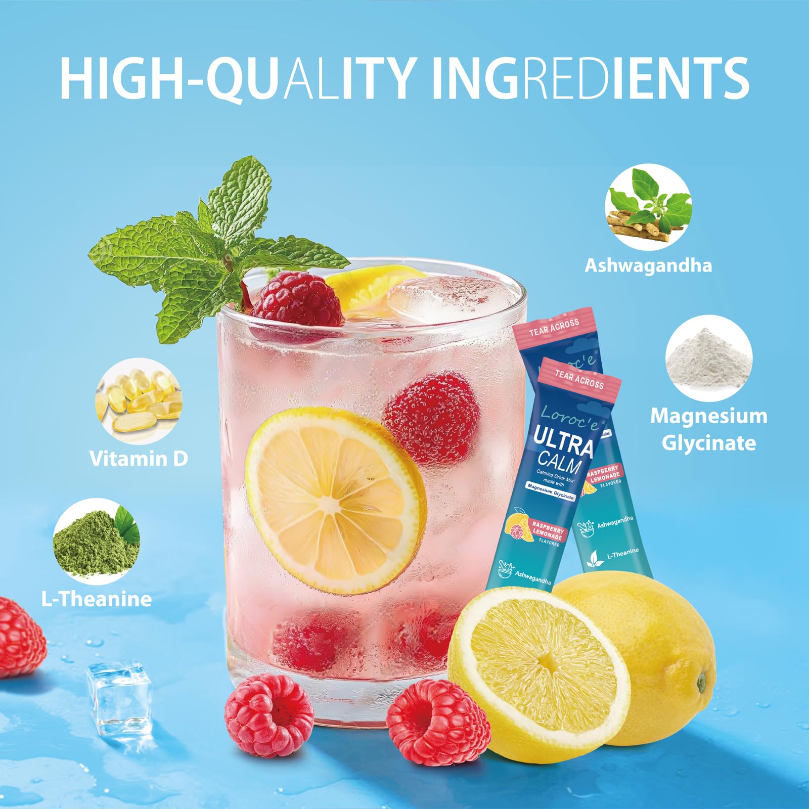 Loroc'e UltraCalm glass of Raspberry Lemonade delivering soothing flavor