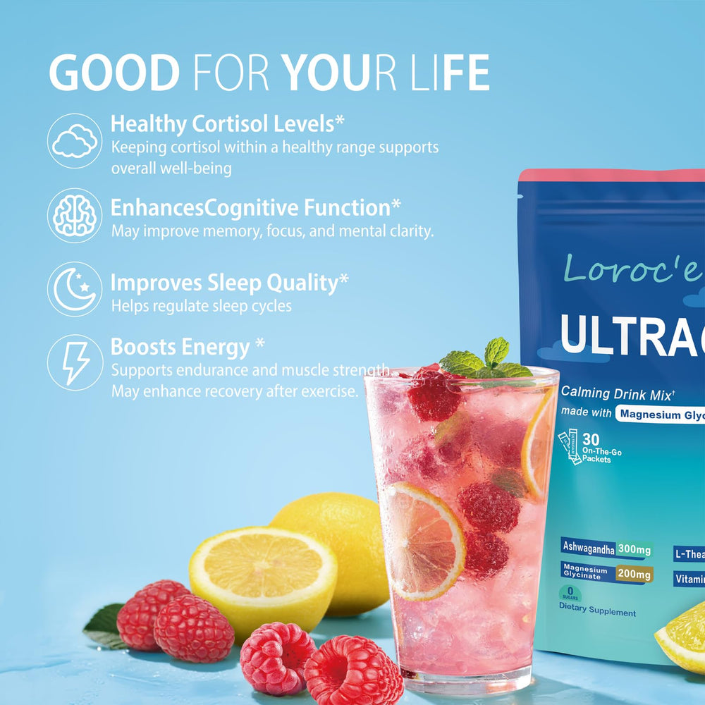 Loroc'e UltraCalm packet dissolving in water for quick relaxation