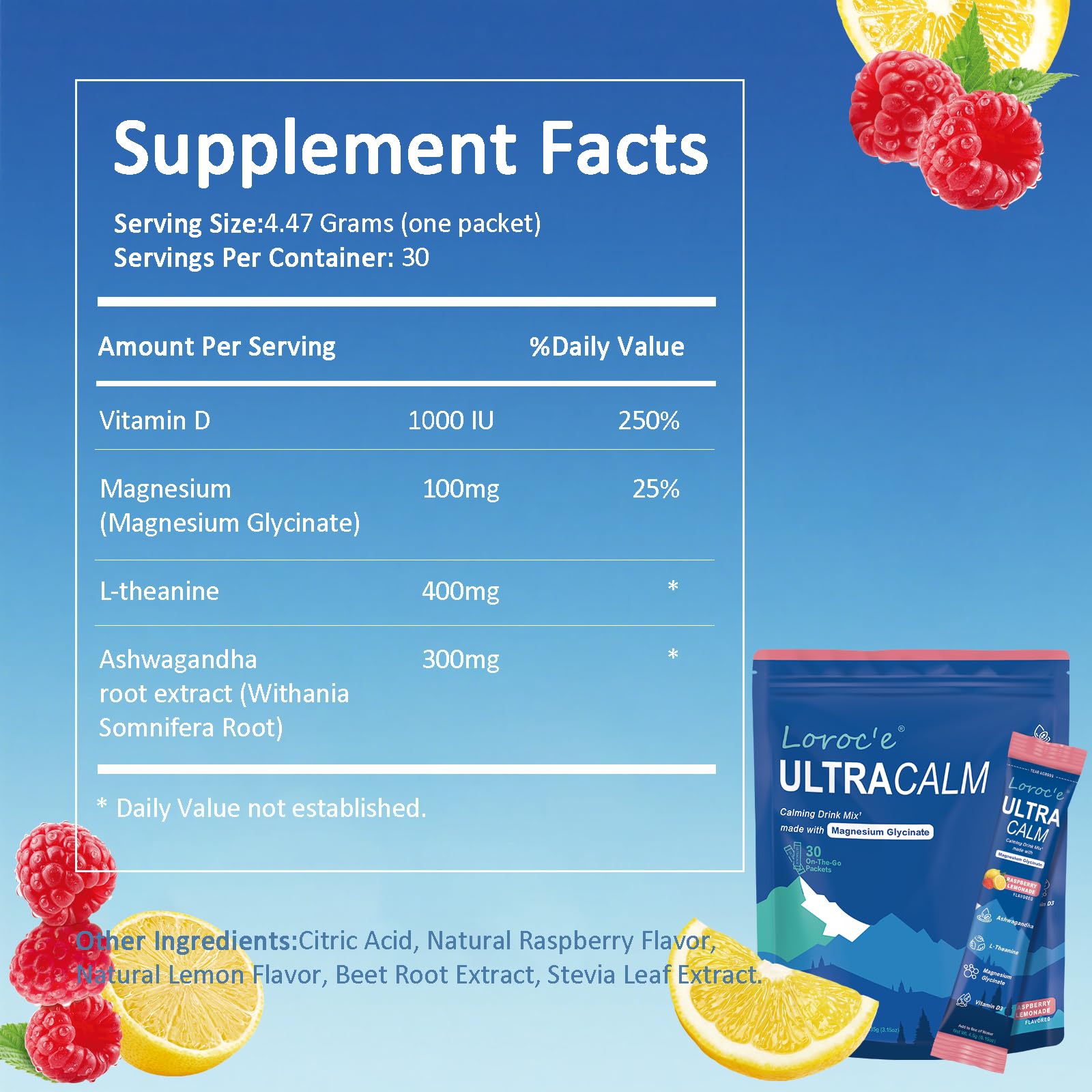 Loroc'e UltraCalm powder stirred in water for a sugar-free relaxation