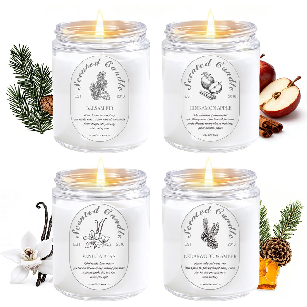 LOSNYA Cinnamon Apple candle in a clear jar, ideal for a cozy winter living room.