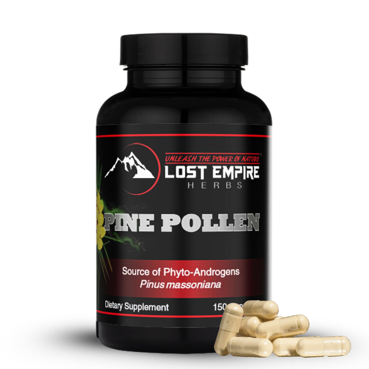 Lost Empire Herbs Pine Pollen Capsules packaging shown for easy daily supplementation