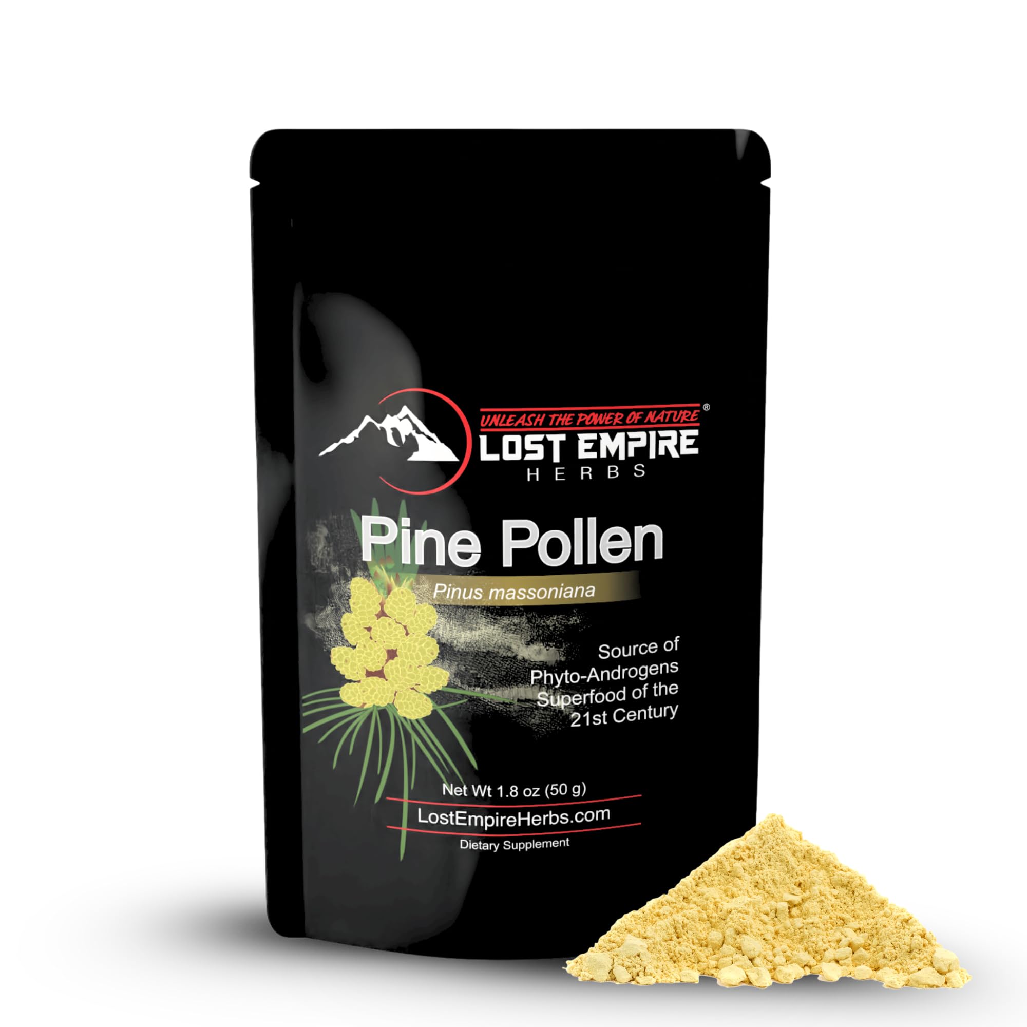 Lost Empire Herbs pine pollen powder in an amber bottle for daily energy support
