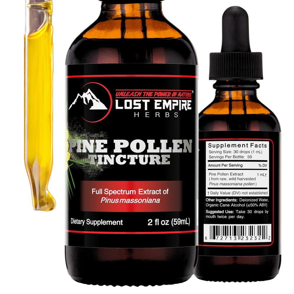 Lost Empire Herbs Pine Pollen Tincture bottle on counter for daily use.
