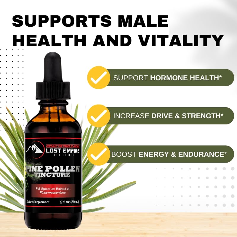Lost Empire Pine Pollen Tincture dropper releasing tincture for absorption.