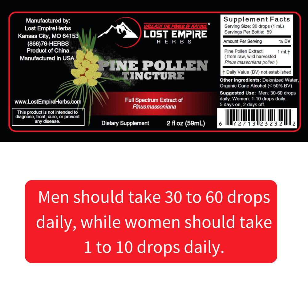Lost Empire Pine Pollen Tincture lab certificate seal on label.
