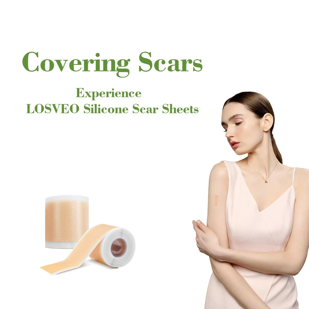 LOSVEO silicone scar sheets applied on skin for everyday wear.