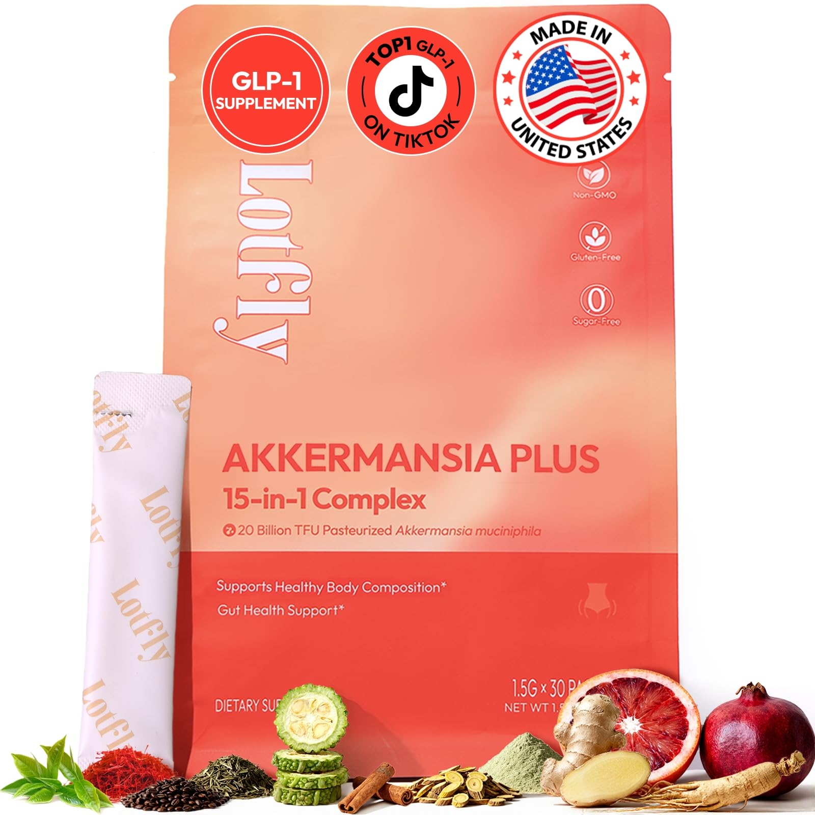 LOTFLY GLP-1 supplement bottle shows a 30-day supply for appetite control