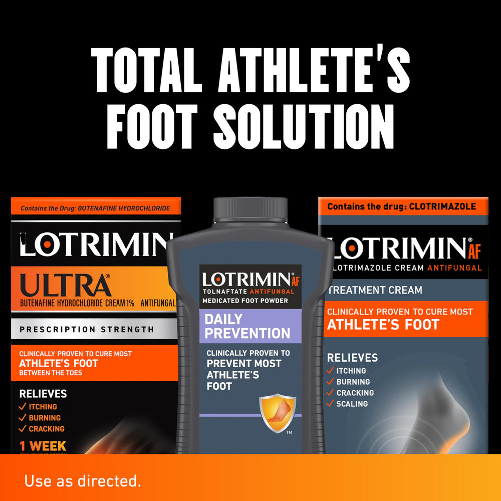 Athlete's foot care scene with Lotrimin Ultra in use.