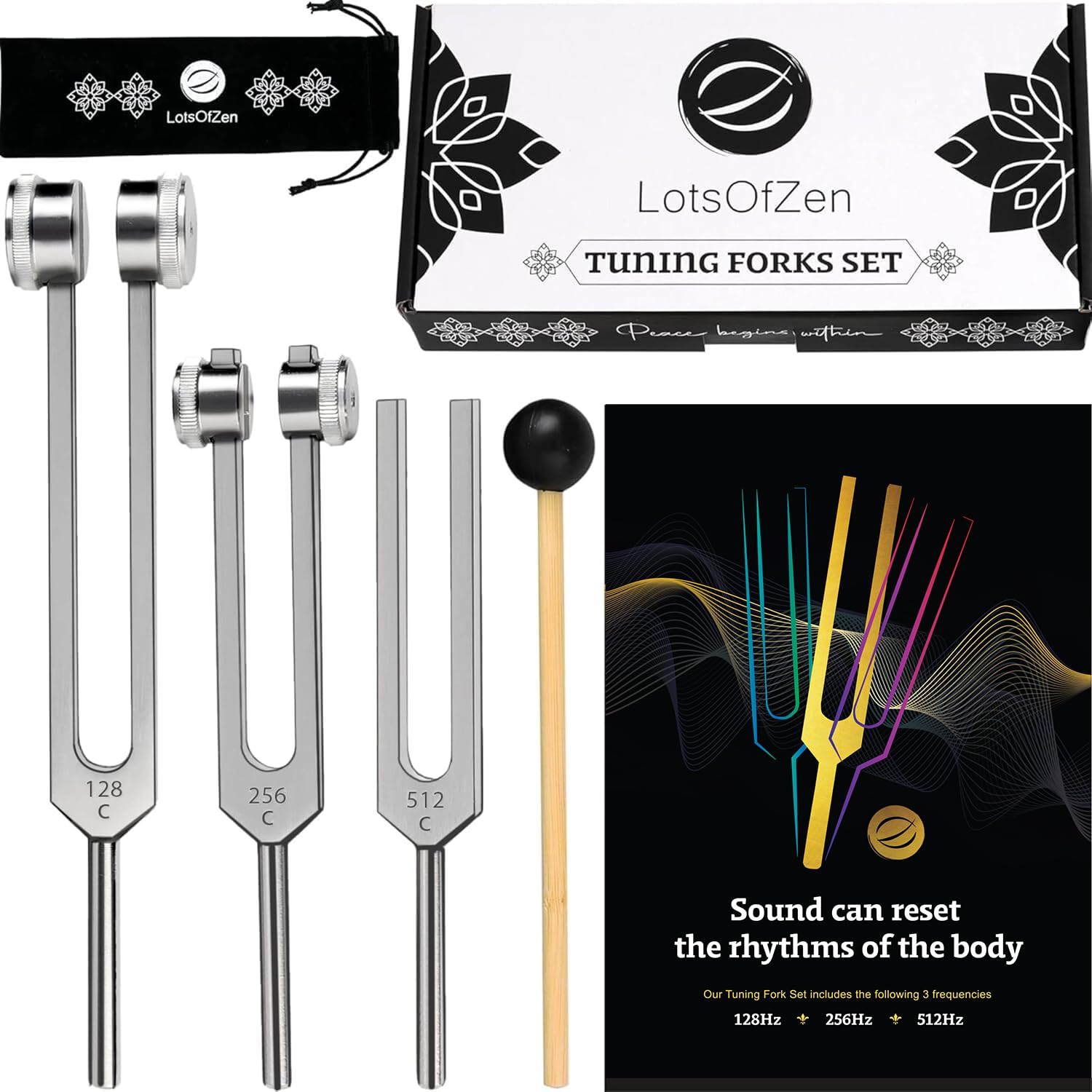 LOTS OF ZEN tuning forks 128Hz for meditation and energy balance.