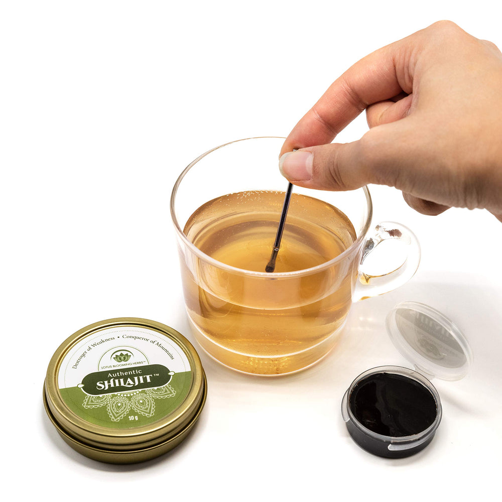 Lotus Blooming Herbs Shilajit resin jar with scoop ready for daily use.