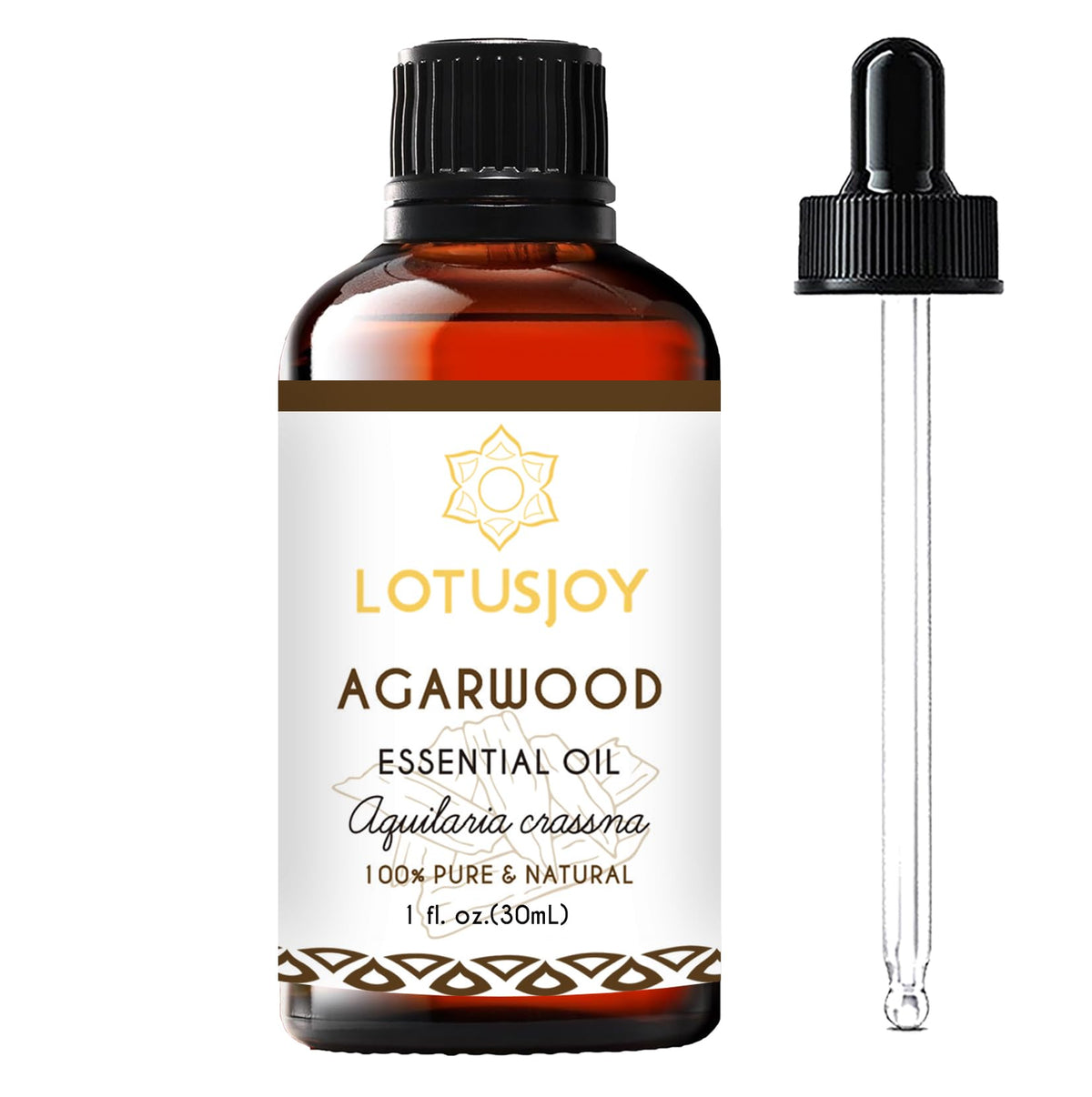 LOTUSJOY Agarwood oil in amber glass bottle for diffusers and DIY blends.