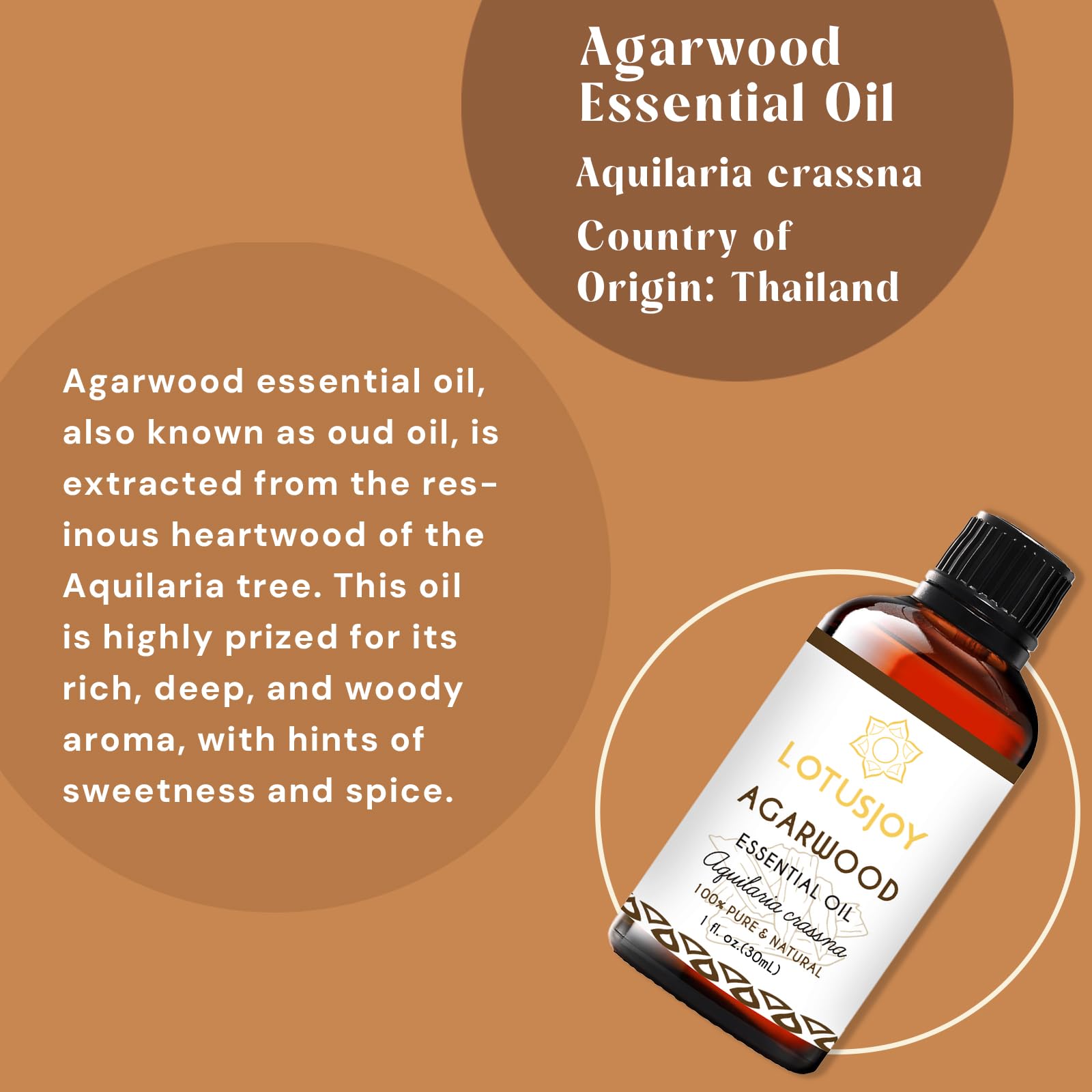 LOTUSJOY Agarwood oil close-up highlighting warm woody aroma for diffusion.