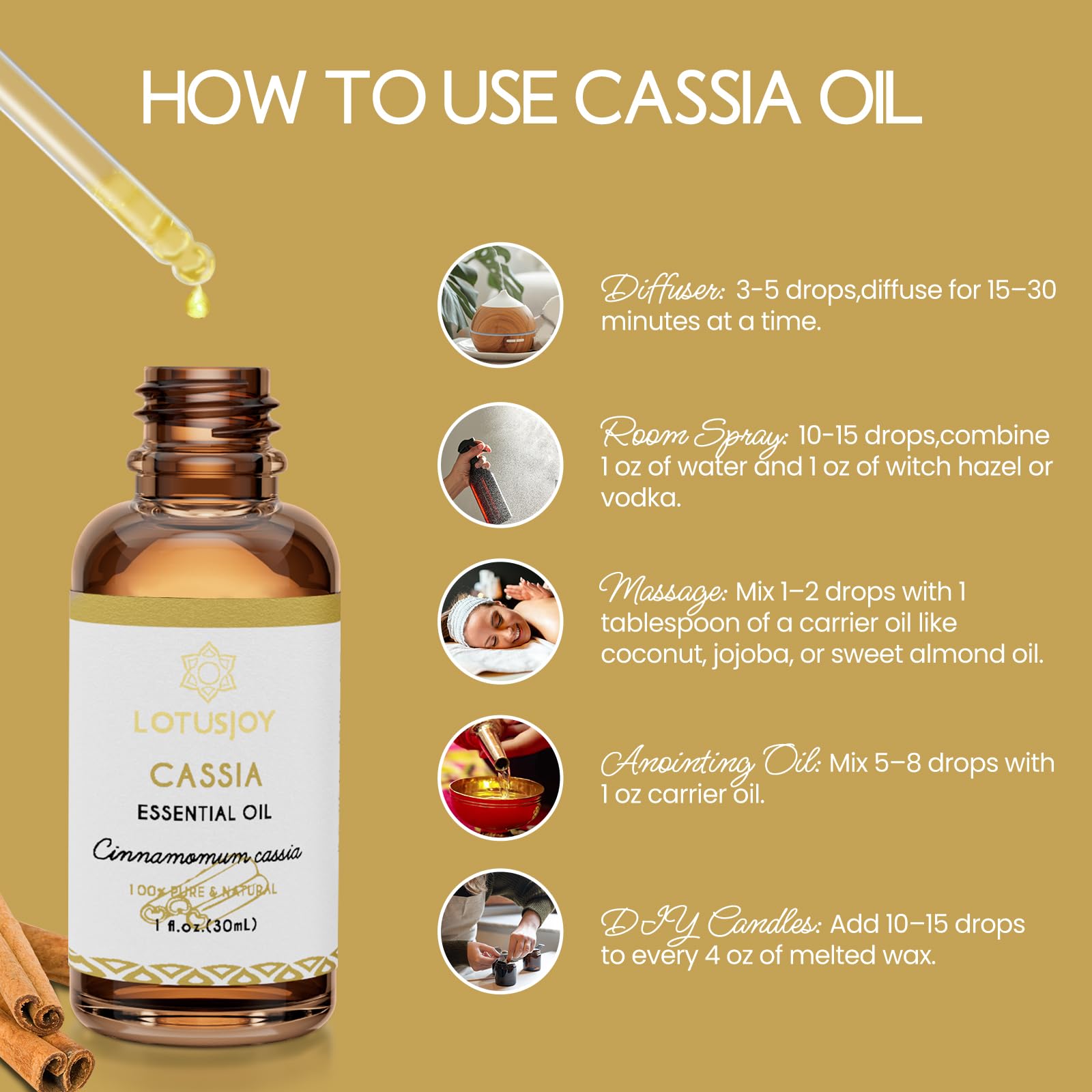 LOTUSJOY Cassia Cinnamon for fragrant diffuser recipes and home rituals.