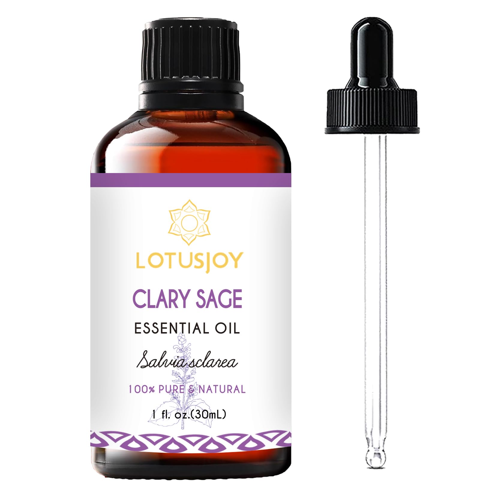 LOTUSJOY Clary Sage Oil bottle in amber glass for purity and precise dosing.