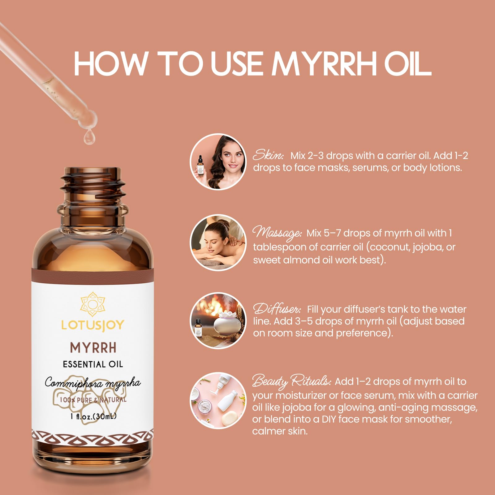 LOTUSJOY Myrrh amber bottle closeup highlighting deep earthy aroma.