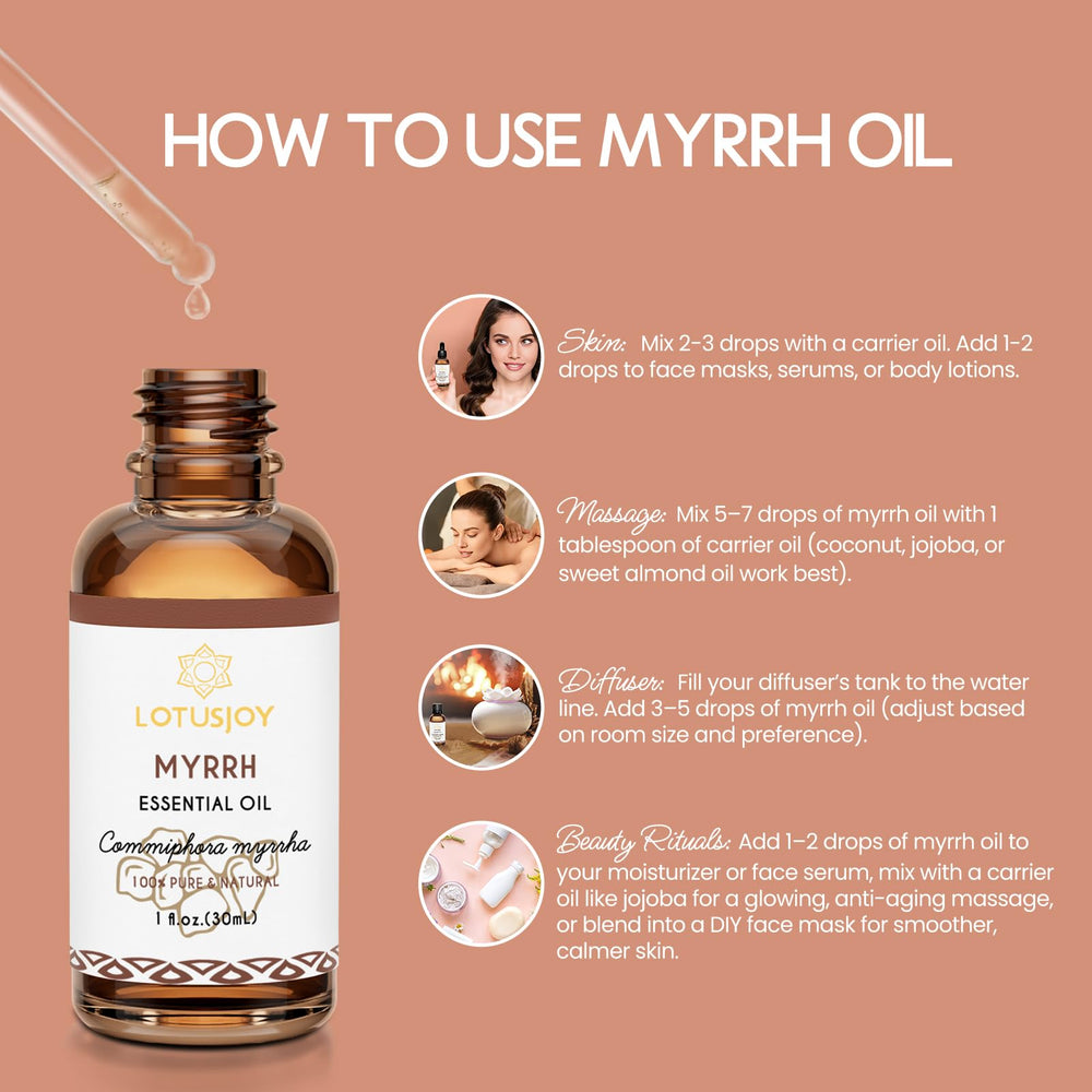 LOTUSJOY Myrrh amber bottle closeup highlighting deep earthy aroma.