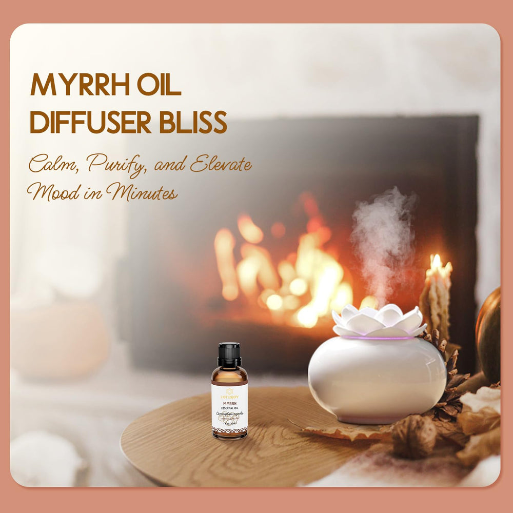 LOTUSJOY Myrrh bottle packaging reflecting amber container and potency protection.