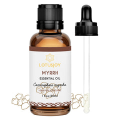LOTUSJOY Myrrh essential oil bottle showing purity for diffusion and skincare.