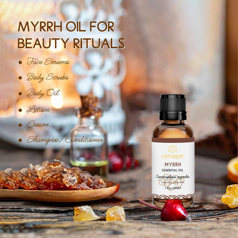 LOTUSJOY Myrrh room spray bottle adding natural scent to living spaces.