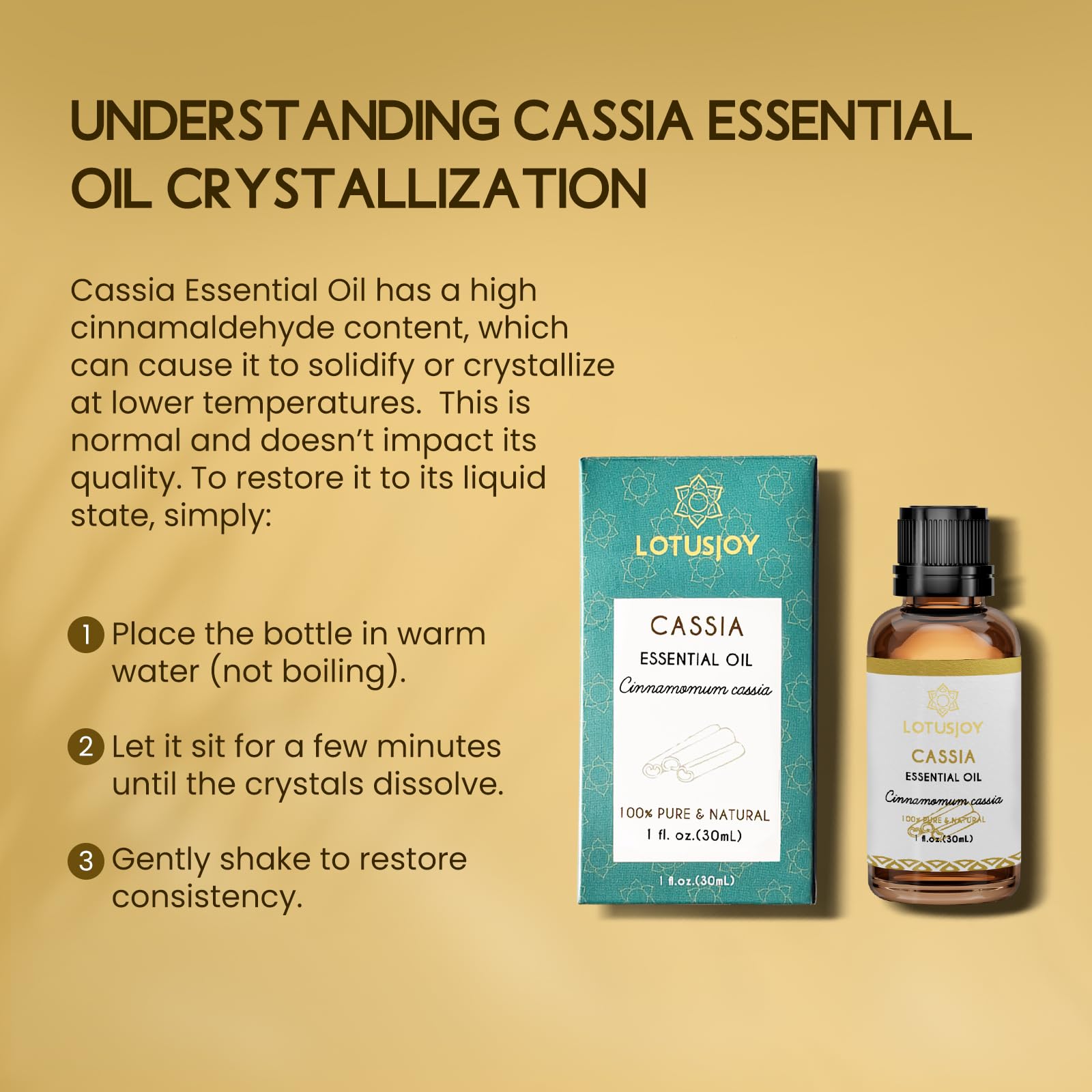 LOTUSJOY Cassia Cinnamon oil packaging highlights purity and sustainability.