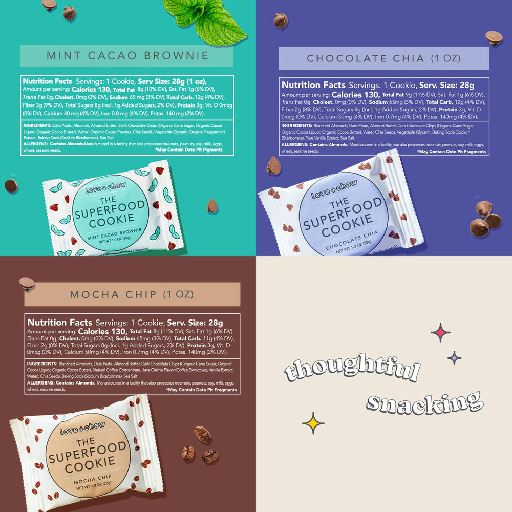 Love + Chew mini vegan cookies mint cacao, refreshing finish.