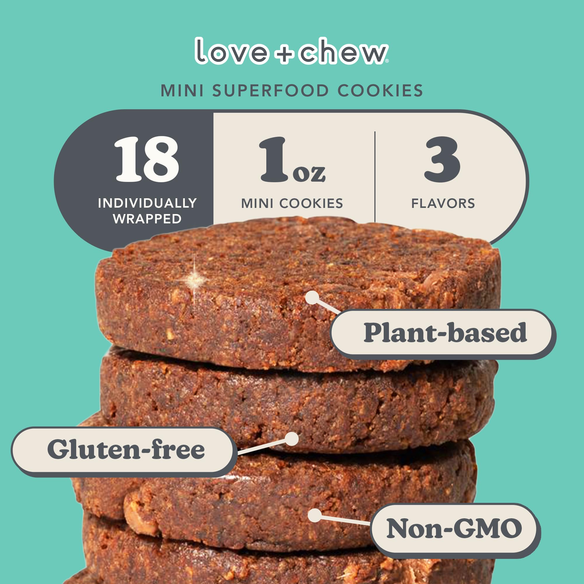 Love + Chew mini vegan cookies mocha chip, rich coffee flavor.