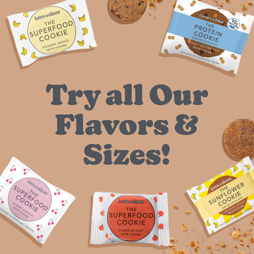 Love + Chew cookies in a gym bag, travel-friendly snack.