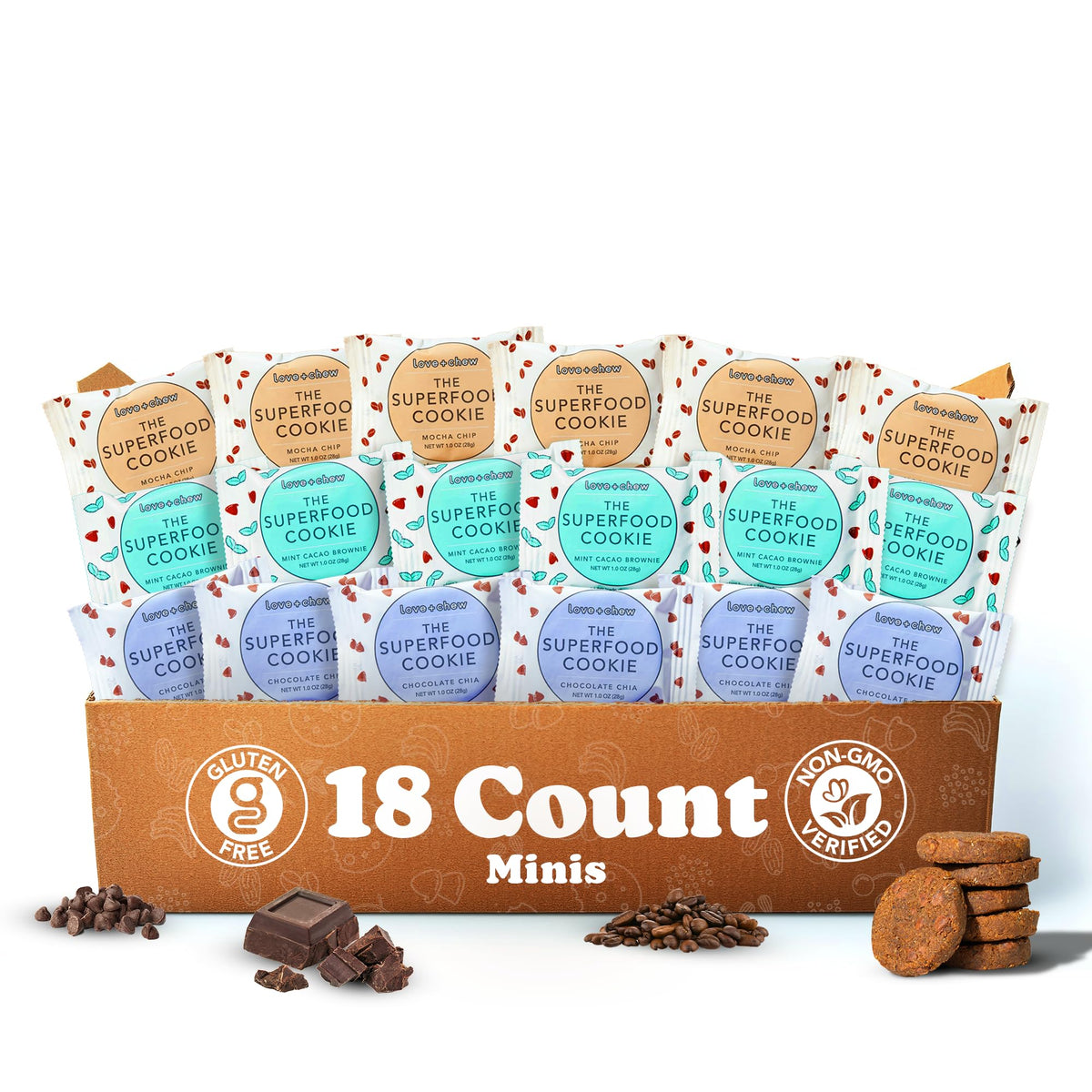 Love + Chew mini vegan cookies pack, 18 cookies, convenient family snack.